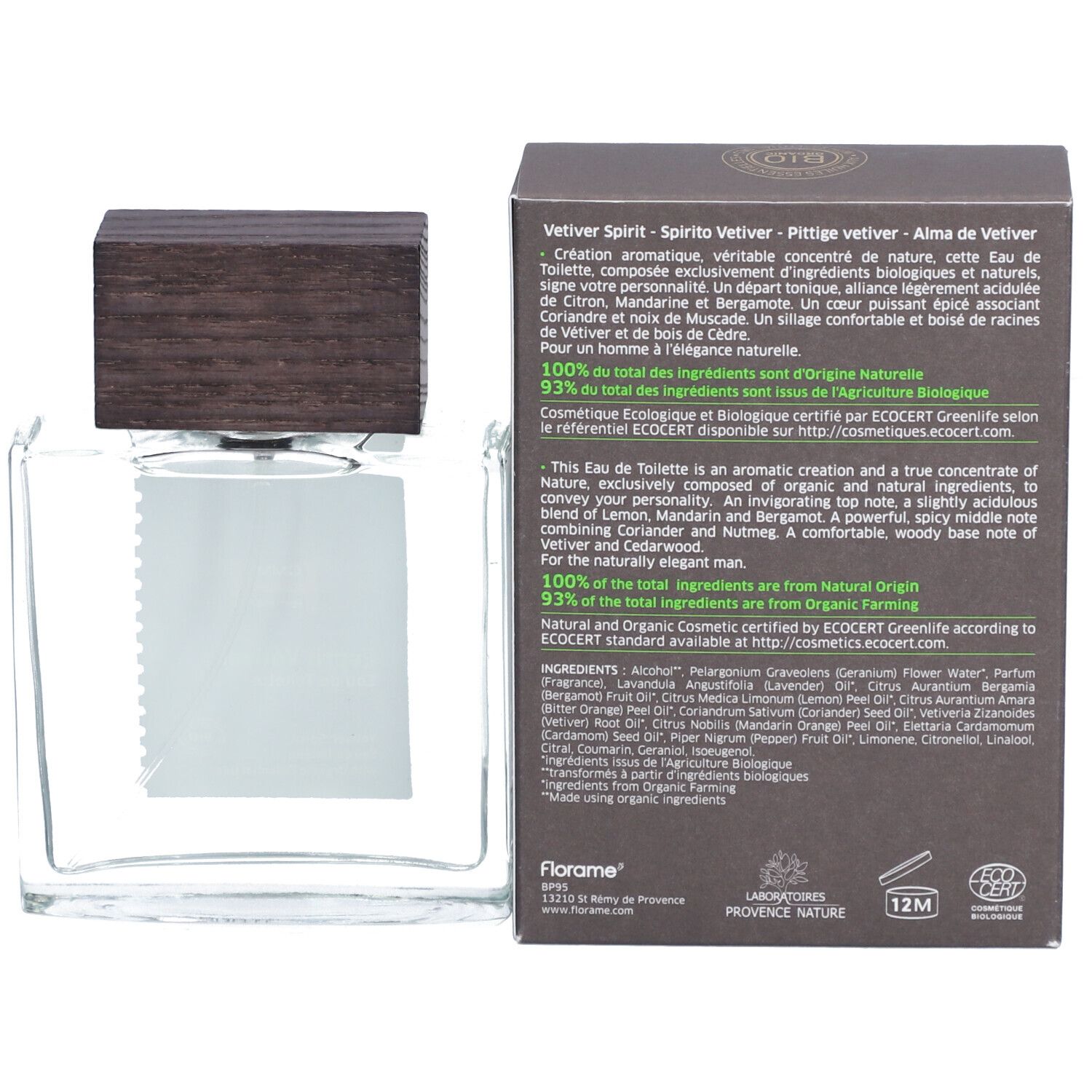 Glasflakon und Karton. Aufschrift: Vetiver Spirit, 100% Inhaltsstoffe natürlichen Ursprungs. ECOCERT-Zertifizierung.