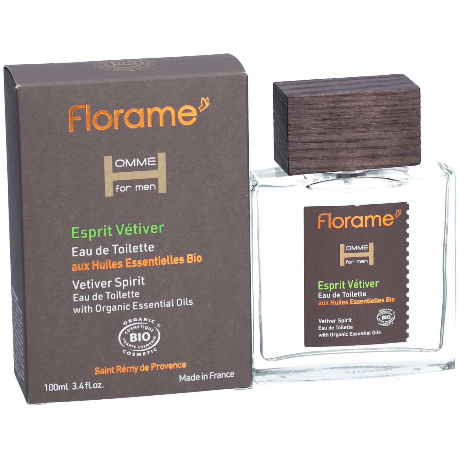 Glasflakon mit Holzdeckel und Karton. Aufschrift: Florame Homme, Esprit Vétiver, Eau de Toilette. Bio-Zertifizierung.