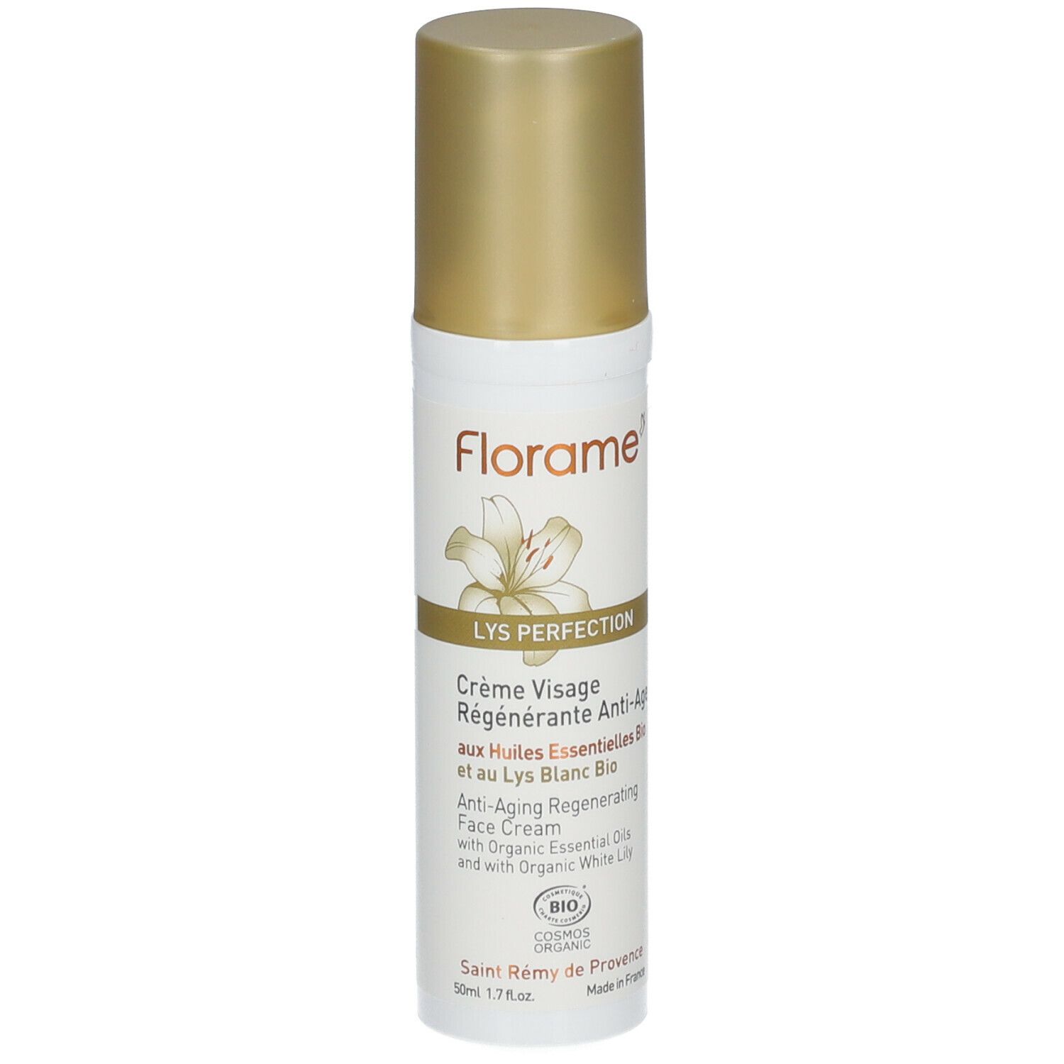 Flacon blanc avec bouchon doré. Inscription: Florame, LYS PERFECTION, Crème Visage Régénérante Anti-Âge. Certification Bio.
