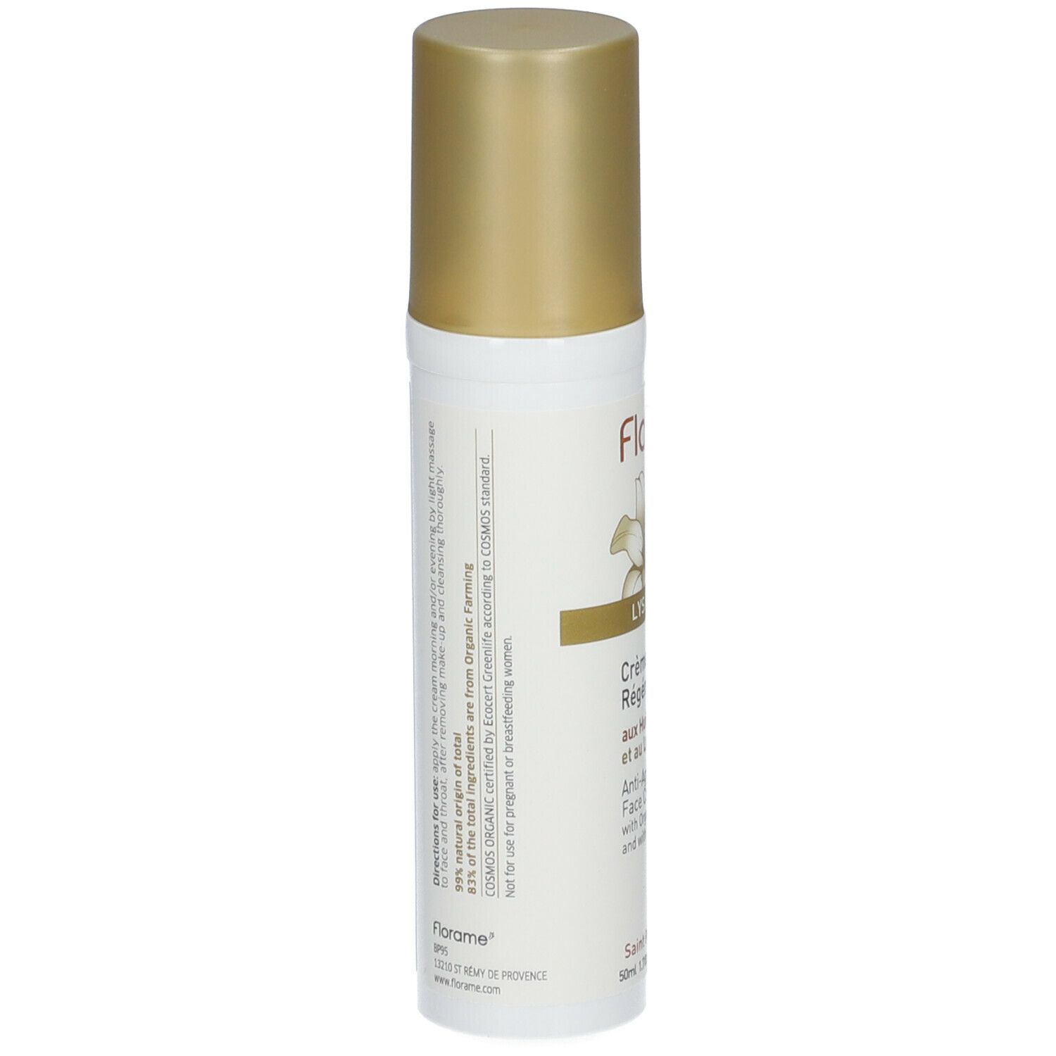 Flacon blanc avec bouchon doré. Texte au dos: ingrédients, certification, informations fabricant.