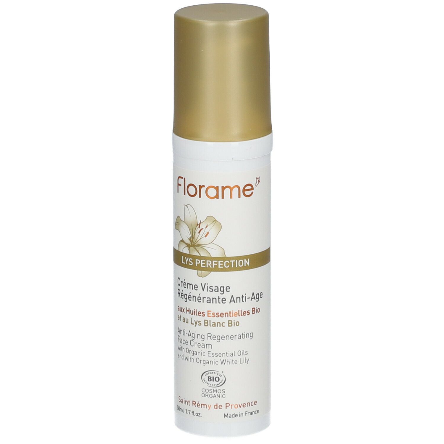 Flacon blanc avec bouchon doré. Inscription: Florame, LYS PERFECTION, Crème Visage Régénérante Anti-Âge. Certification Bio.