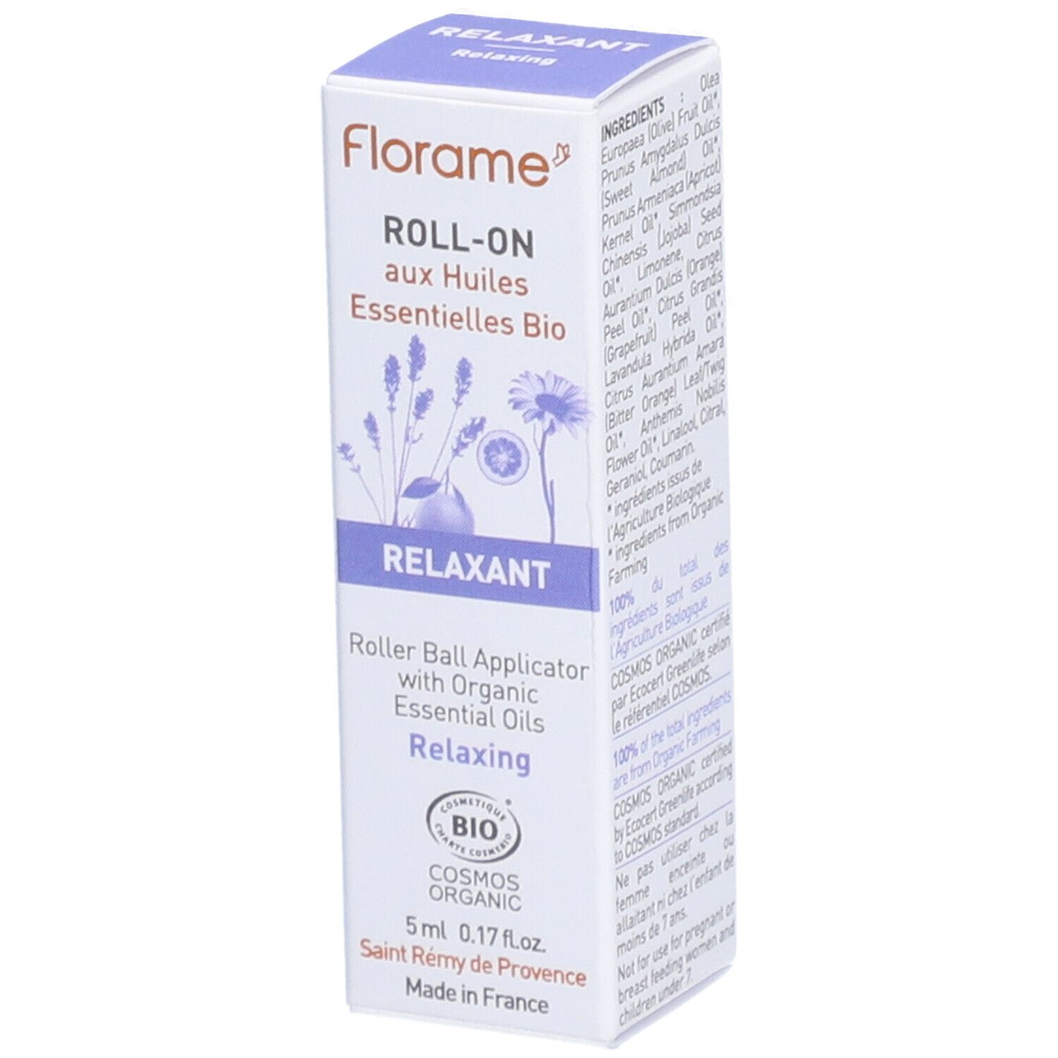 Boîte Florame Roll-on aux Huiles Essentielles Bio Relaxant. Ingrédients et certification biologique COSMOS. Fabriqué en France.