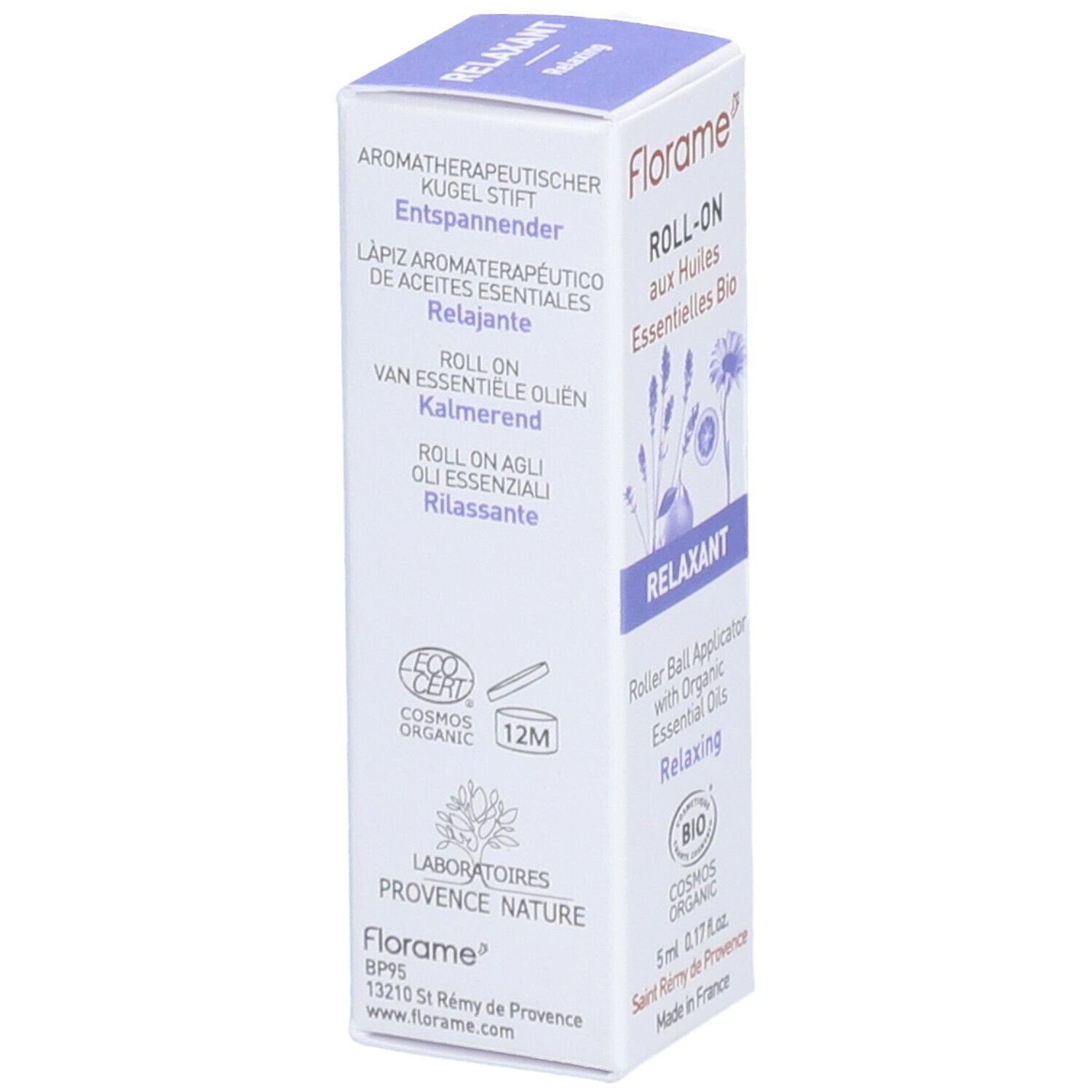 Boîte Florame Roll-on aux Huiles Essentielles Bio Relaxant. Certifié Eco Cert COSMOS Organic. Informations produit.