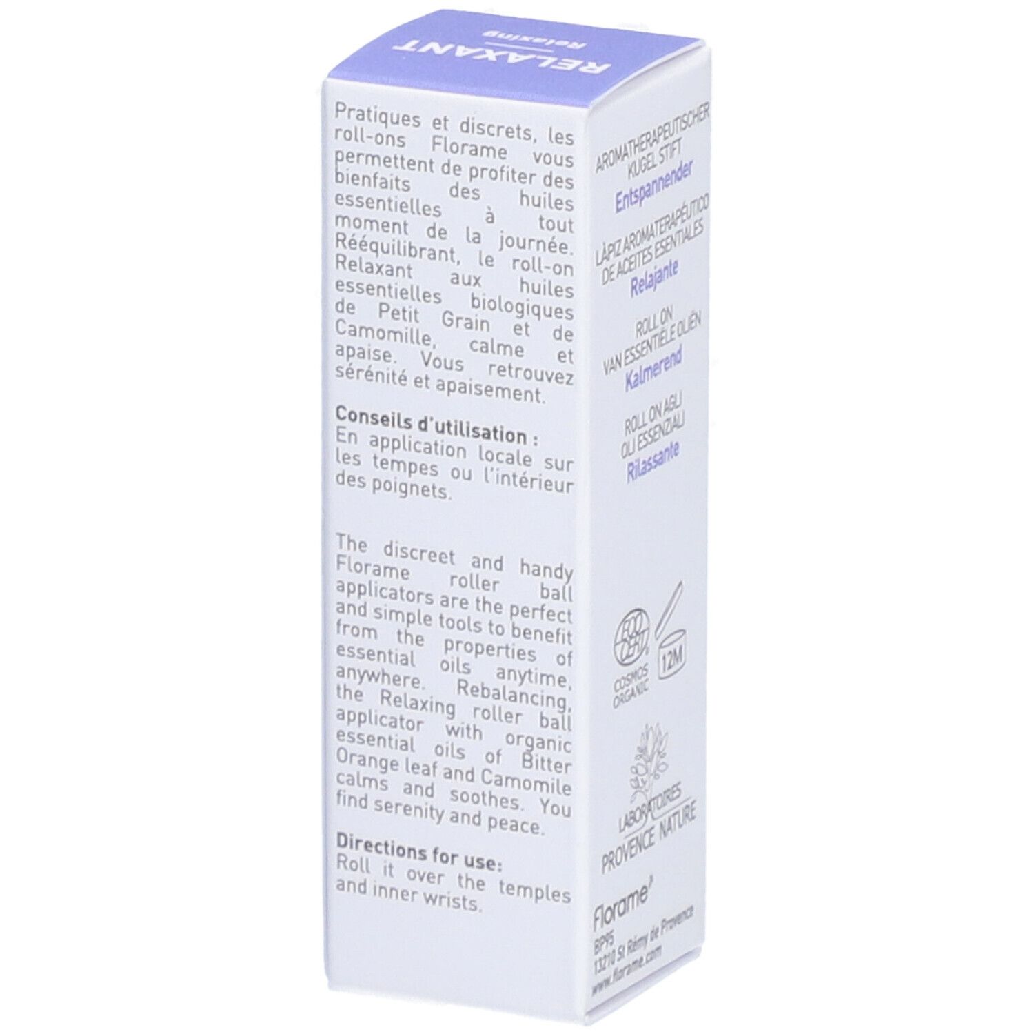 Boîte Florame Roll-on aux Huiles Essentielles Bio Relaxant. Conseils d'utilisation et informations produit.