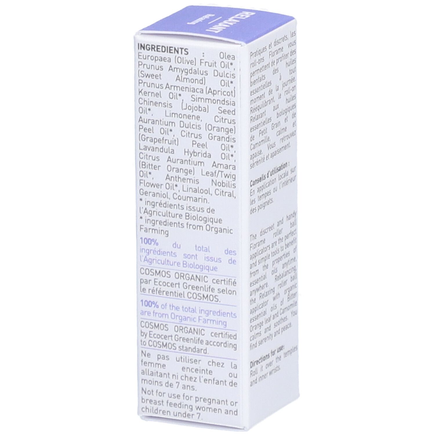 Boîte Florame Roll-on aux Huiles Essentielles Bio Relaxant. Liste des ingrédients et certifications.