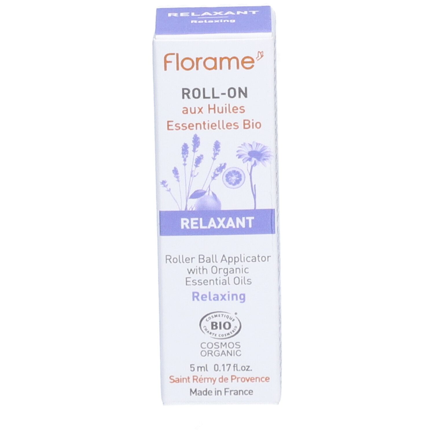 Boîte Florame Roll-on aux Huiles Essentielles Bio Relaxant. Visuel du produit et logo. Certification biologique.
