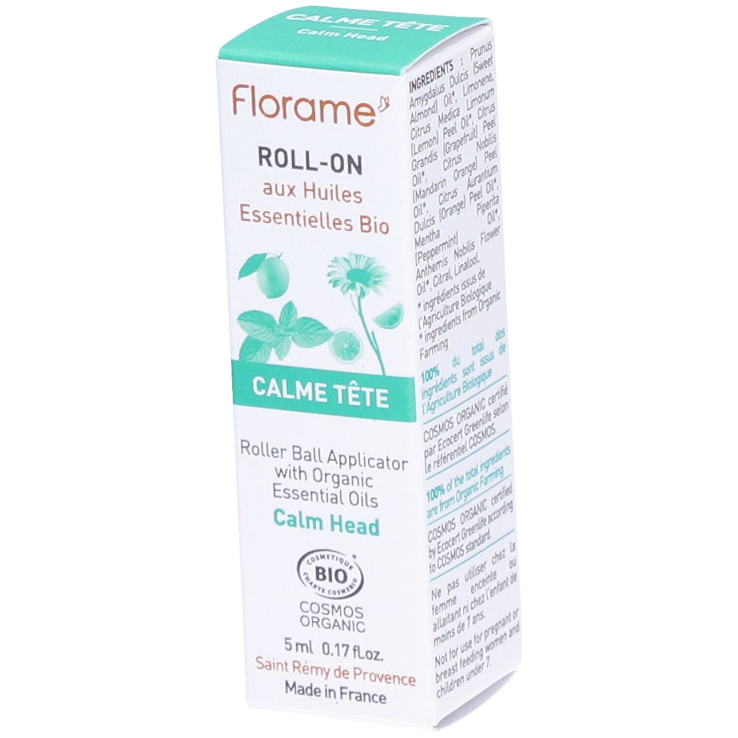 Boîte avec nom du produit et ingrédients. Certification COSMOS ORGANIC. 5 ml.