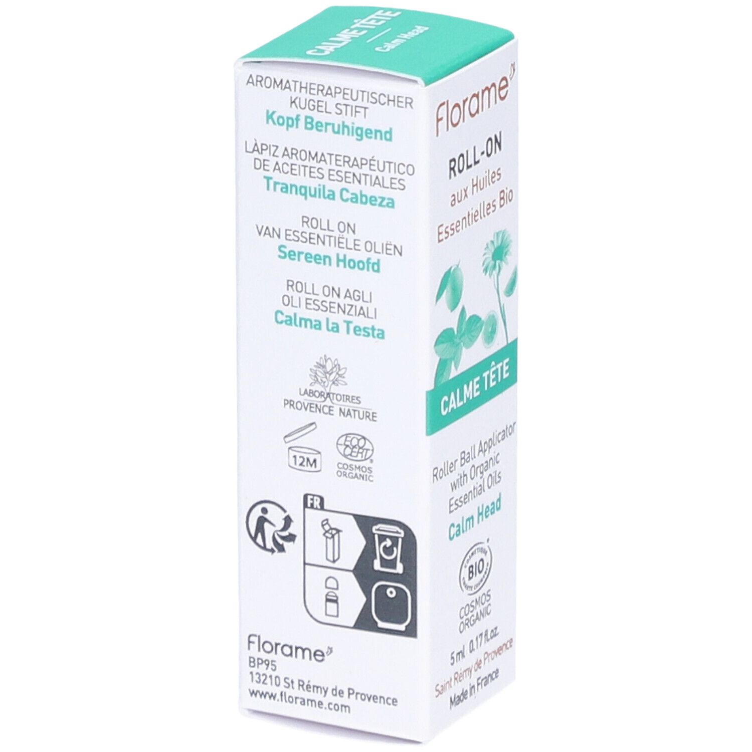 Boîte avec nom du produit et traductions multilingues. Certification COSMOS ORGANIC.