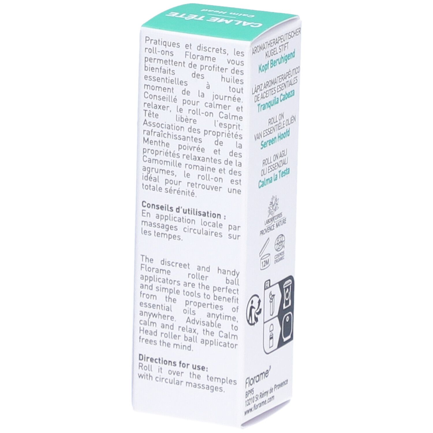 Boîte avec informations sur le produit et conseils d'utilisation. Certification COSMOS ORGANIC.