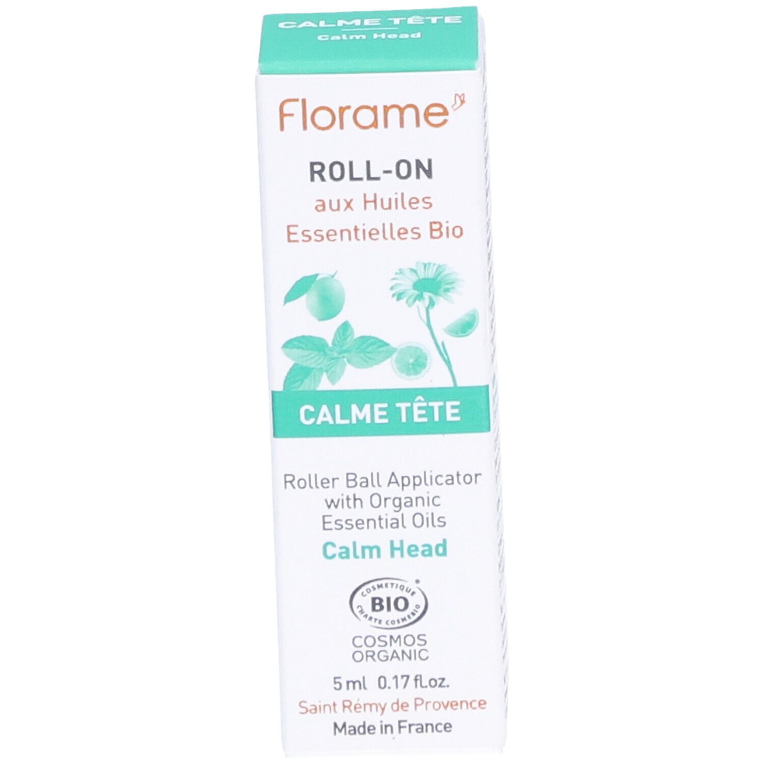 Boîte avec nom du produit et logo. Certification COSMOS ORGANIC. 5 ml.