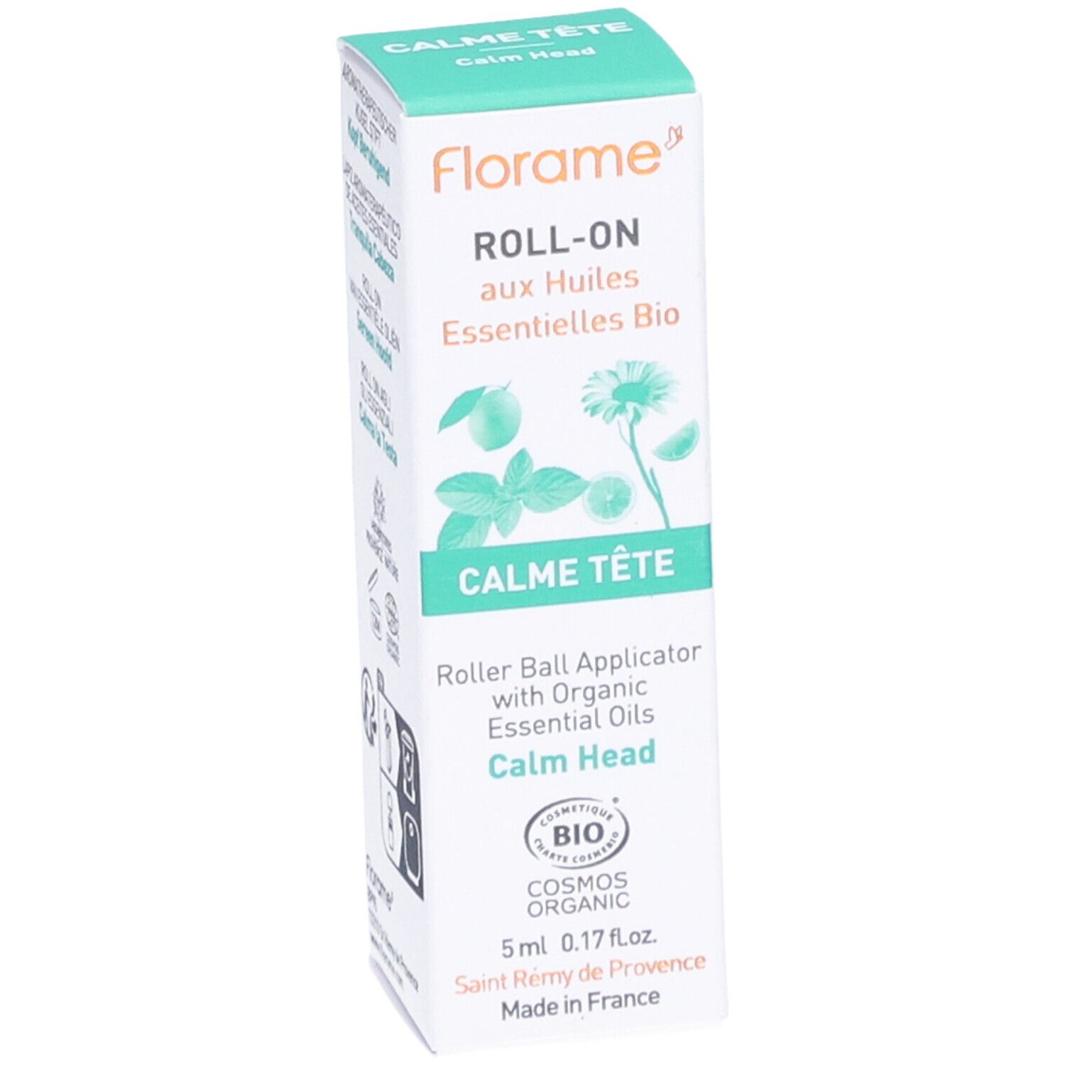 Boîte avec nom du produit et logo. Certification COSMOS ORGANIC. 5 ml.