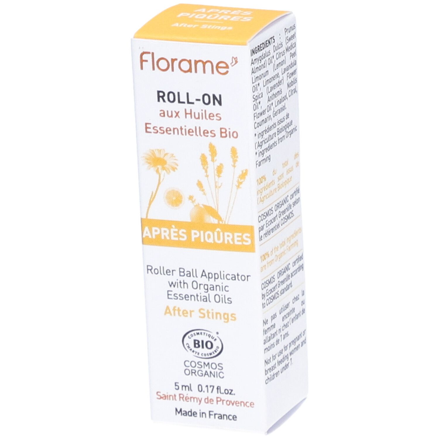 Boîte Florame Roll-on. Inscription: Après Piqûres, Roll-on aux Huiles Essentielles Bio. Certification biologique.