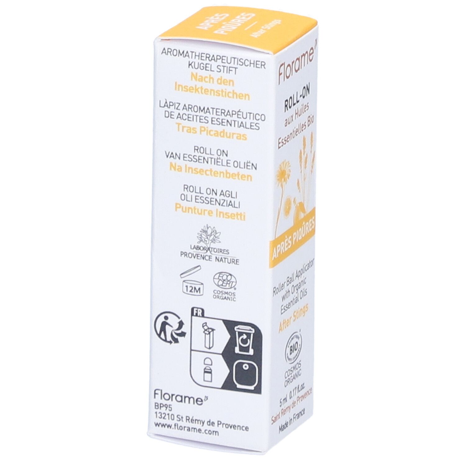 Boîte Florame Roll-on. Textes multilingues, dont: Aromathérapie, Roll-on aux Huiles Essentielles Bio.