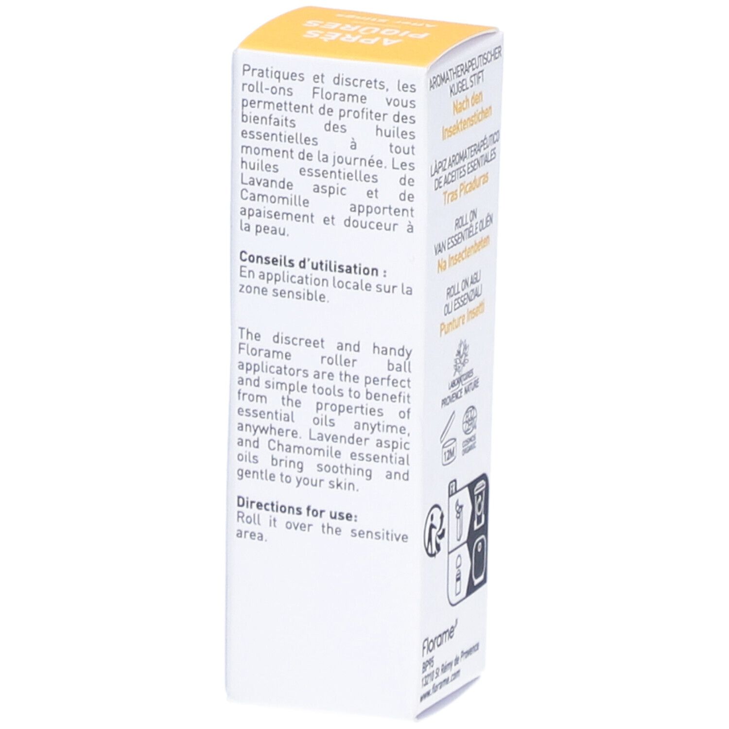 Boîte Florame Roll-on. Texte: Pratique et discret. Conseils d'utilisation. Logo et adresse Florame.