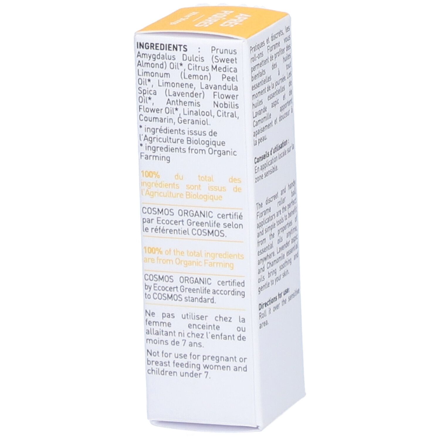 Boîte Florame Roll-on. Liste des ingrédients. Certifications: COSMOS ORGANIC. Avertissement pour femmes enceintes.