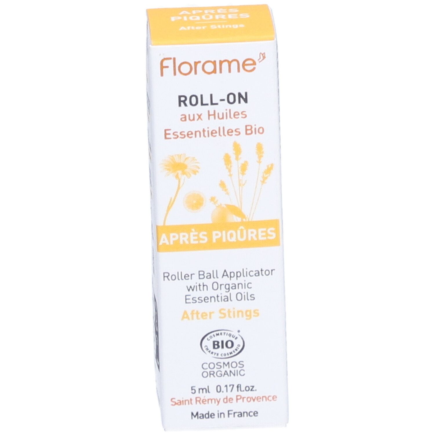 Boîte Florame Roll-on. Inscription: Après Piqûres, Roll-on aux Huiles Essentielles Bio. Certification biologique.
