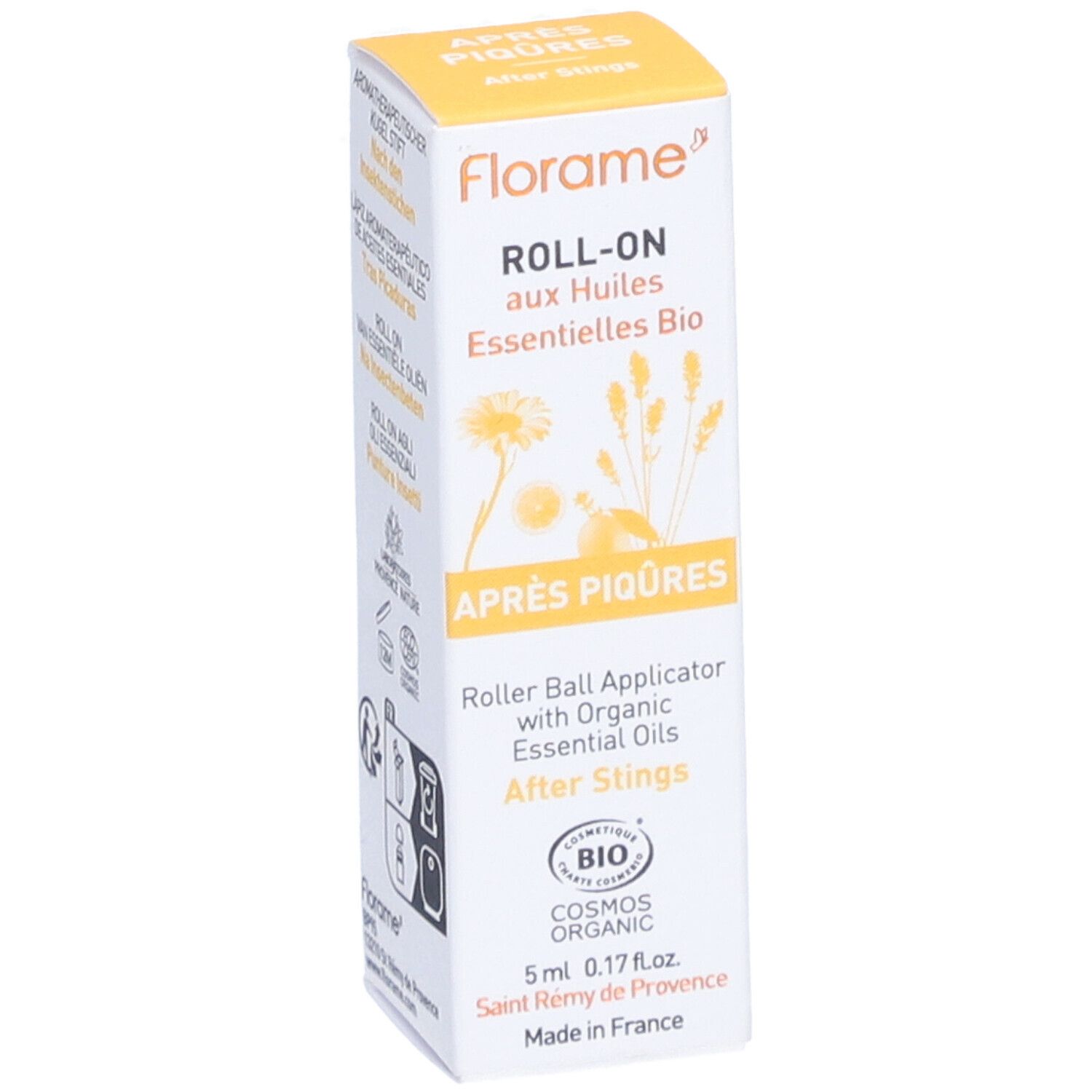 Boîte Florame Roll-on. Inscription: Après Piqûres, Roll-on aux Huiles Essentielles Bio. Certification biologique.