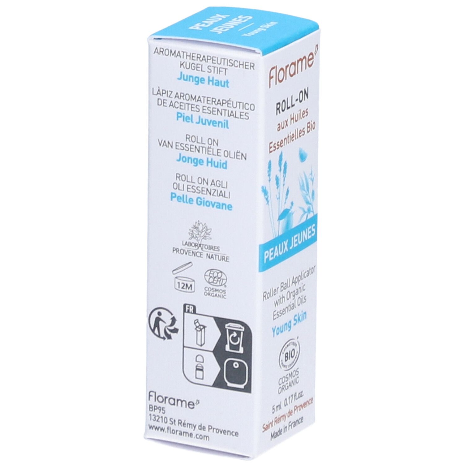 Produktverpackung. Roll-on für junge Haut. Mehrsprachige Informationen. Bio-Zertifizierung.