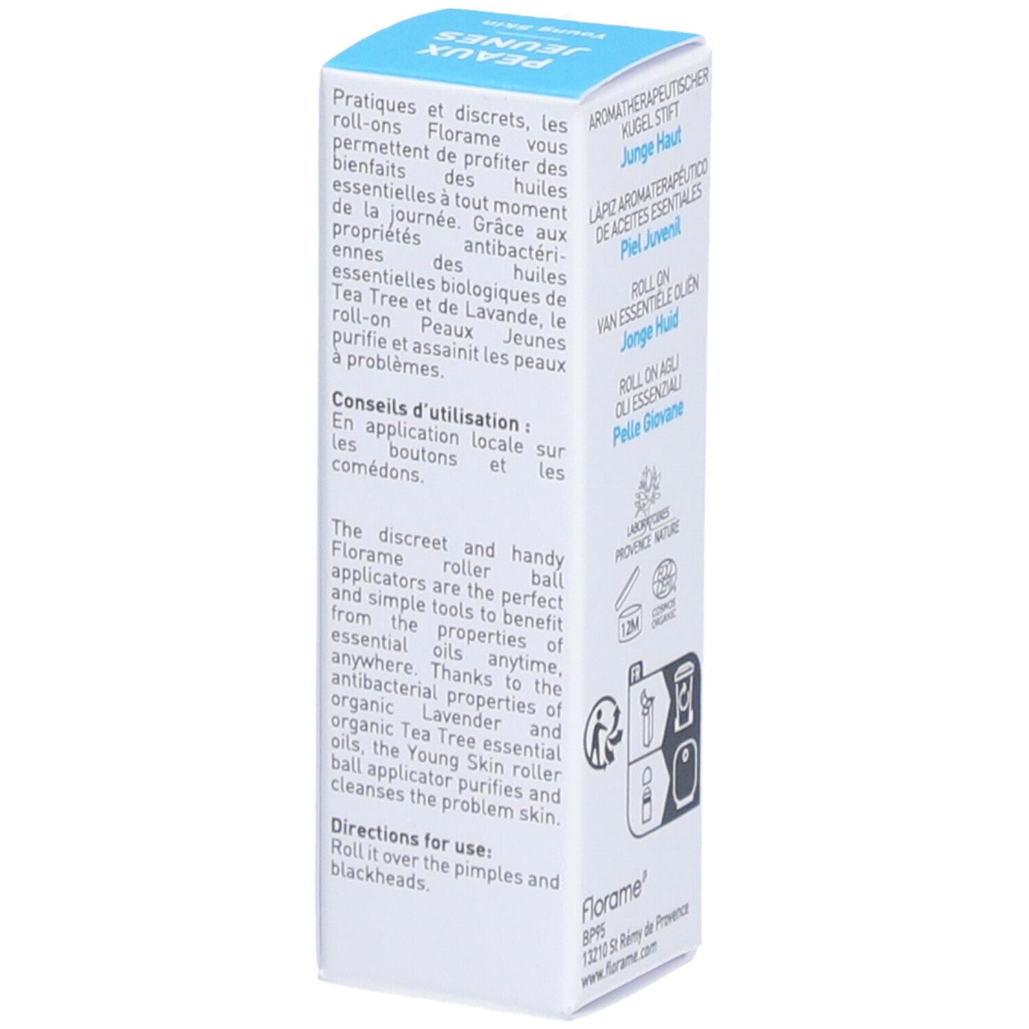 Produktverpackung. Roll-on für junge Haut. Anwendungshinweise. Bio-Zertifizierung.