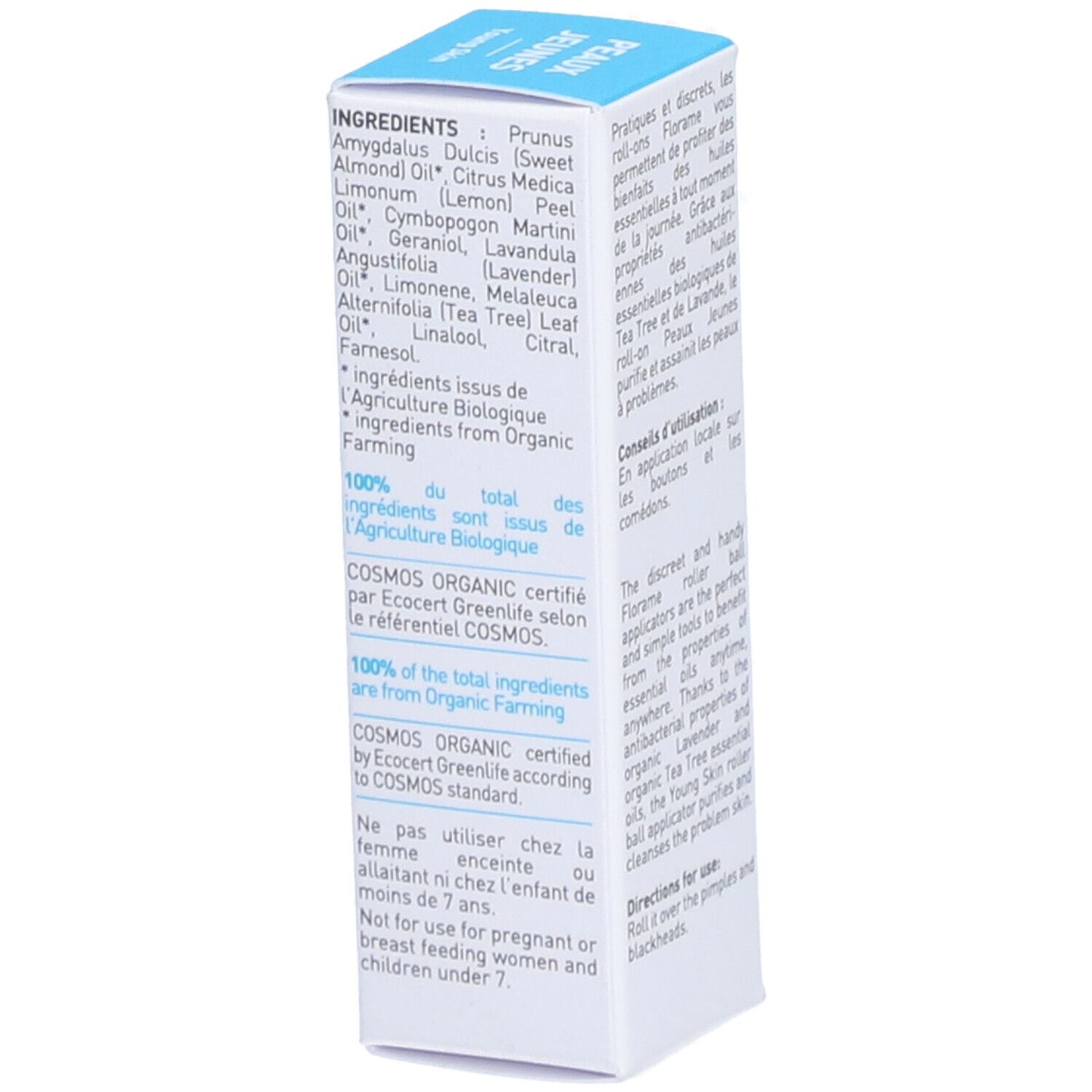 Produktverpackung. Roll-on für junge Haut. Inhaltsstoffe. Bio-Zertifizierung.