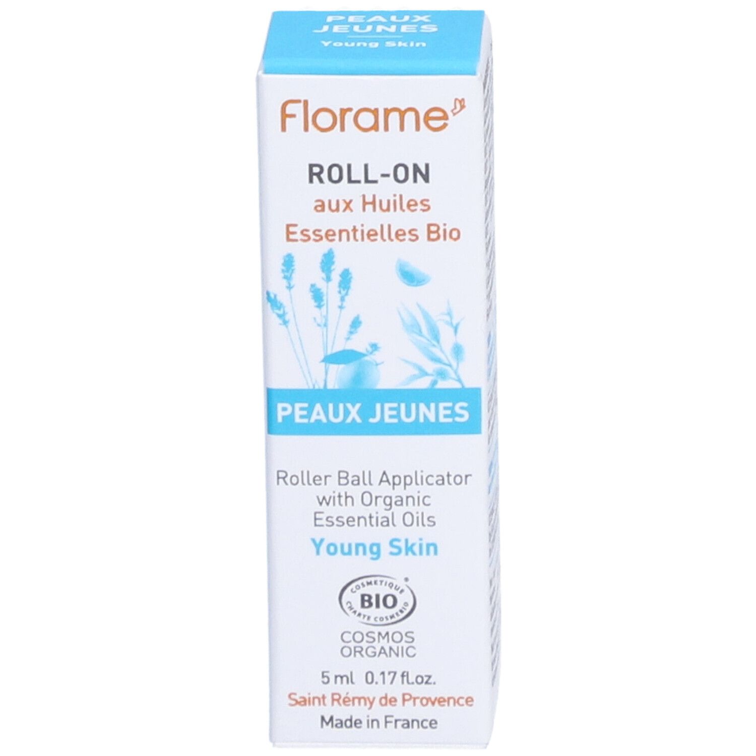 Produktverpackung. Roll-on für junge Haut mit ätherischen Ölen. Bio-Zertifizierung.