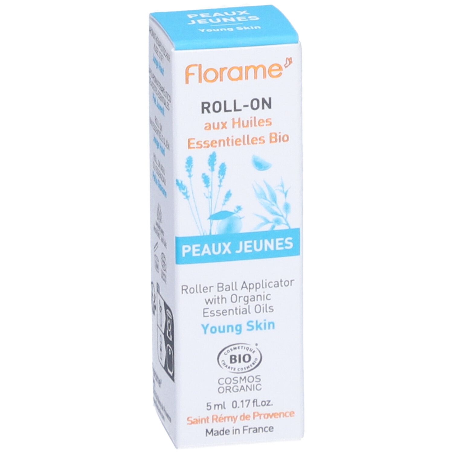 Produktverpackung. Roll-on für junge Haut mit ätherischen Ölen. Bio-Zertifizierung.