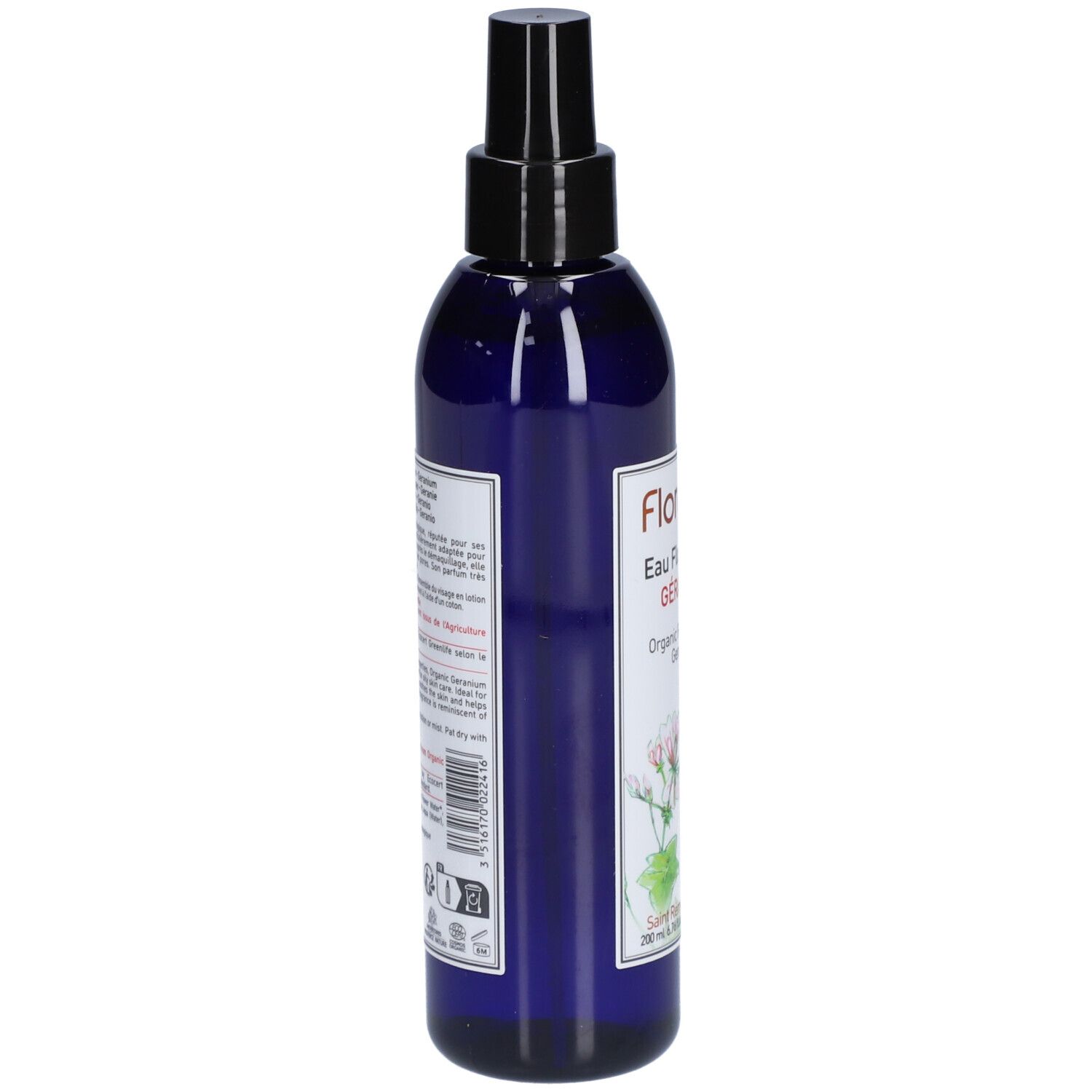 Blaue Flasche mit schwarzem Sprühkopf. Rückseite mit Text und Barcode. Florame-Logo.