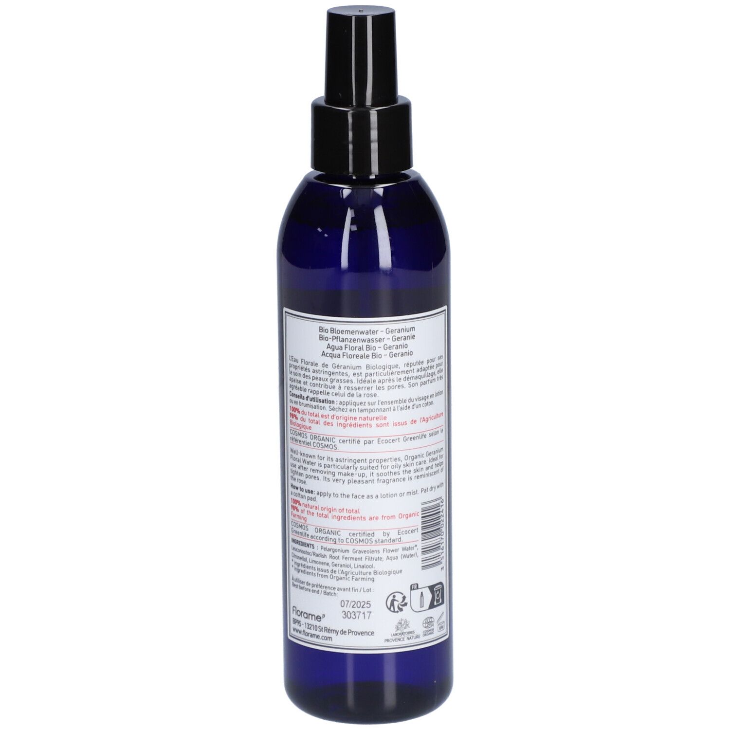 Blaue Flasche mit schwarzem Sprühkopf. Rückseite mit Text. Florame-Logo und Bio-Zertifizierung.