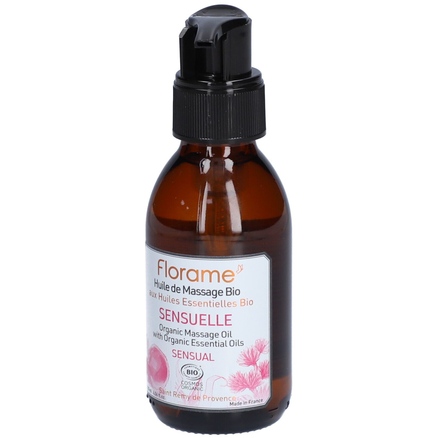 Braune Glasflasche mit schwarzem Pumpkopf. Etikett mit Text: Florame, Sensuelle, Bio-Massageöl.