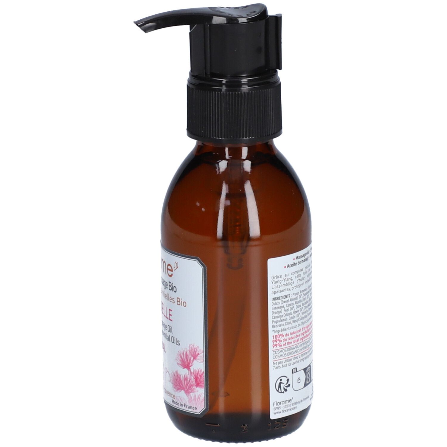 Braune Glasflasche mit schwarzem Pumpkopf. Etikett mit Text und Inhaltsstoffen. Bio-Zertifizierung.