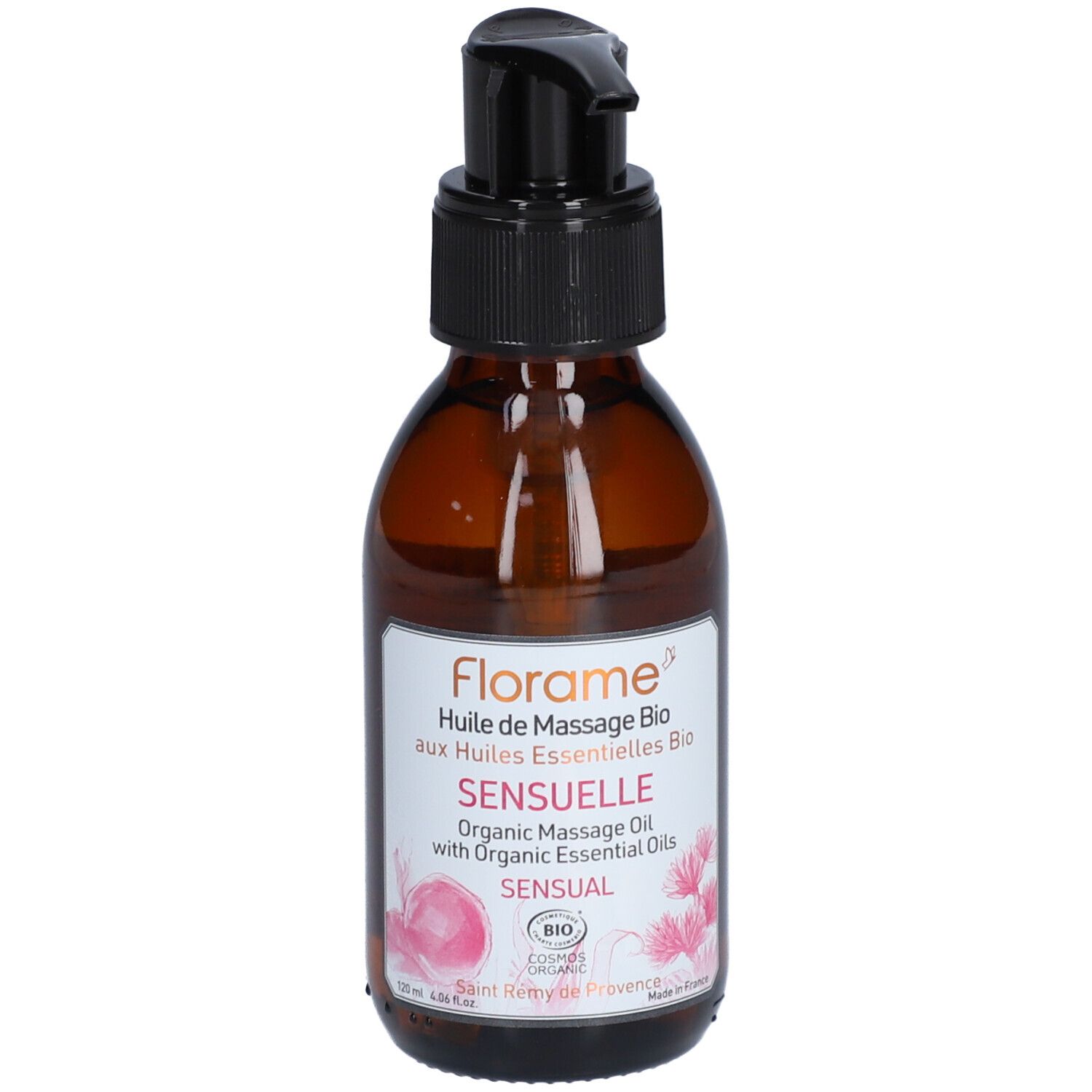 Braune Glasflasche mit schwarzem Pumpkopf. Etikett mit Text: Florame, Sensuelle, Bio-Massageöl.