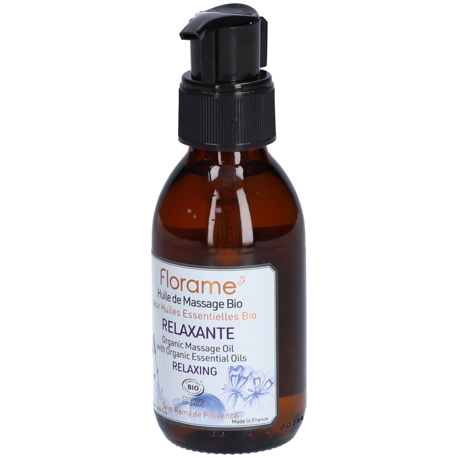 Braune Glasflasche mit schwarzem Pumpverschluss. Etikett mit Text: Florame, Relaxante, Bio-Massageöl.