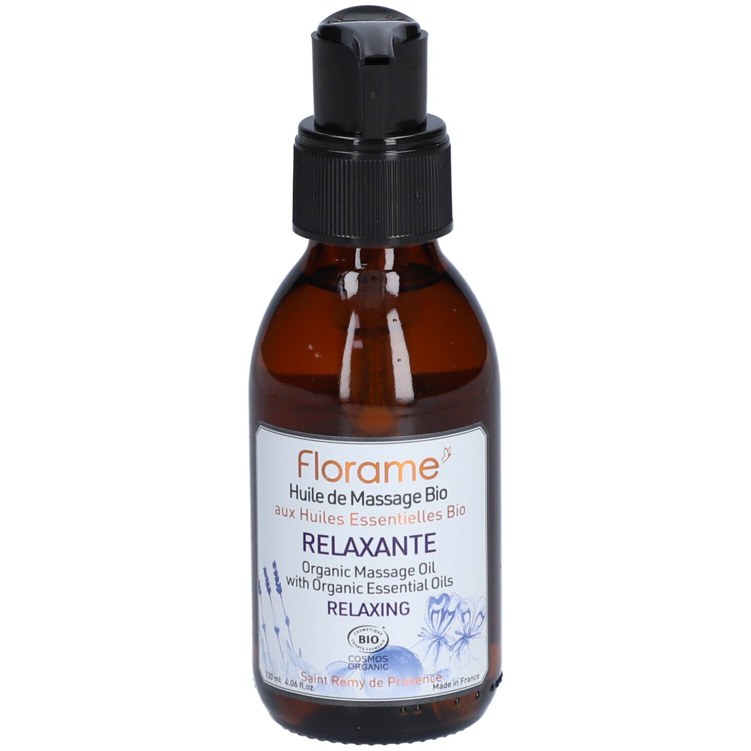 Braune Glasflasche mit schwarzem Pumpverschluss. Etikett mit Text: Florame, Relaxante, Bio-Massageöl.