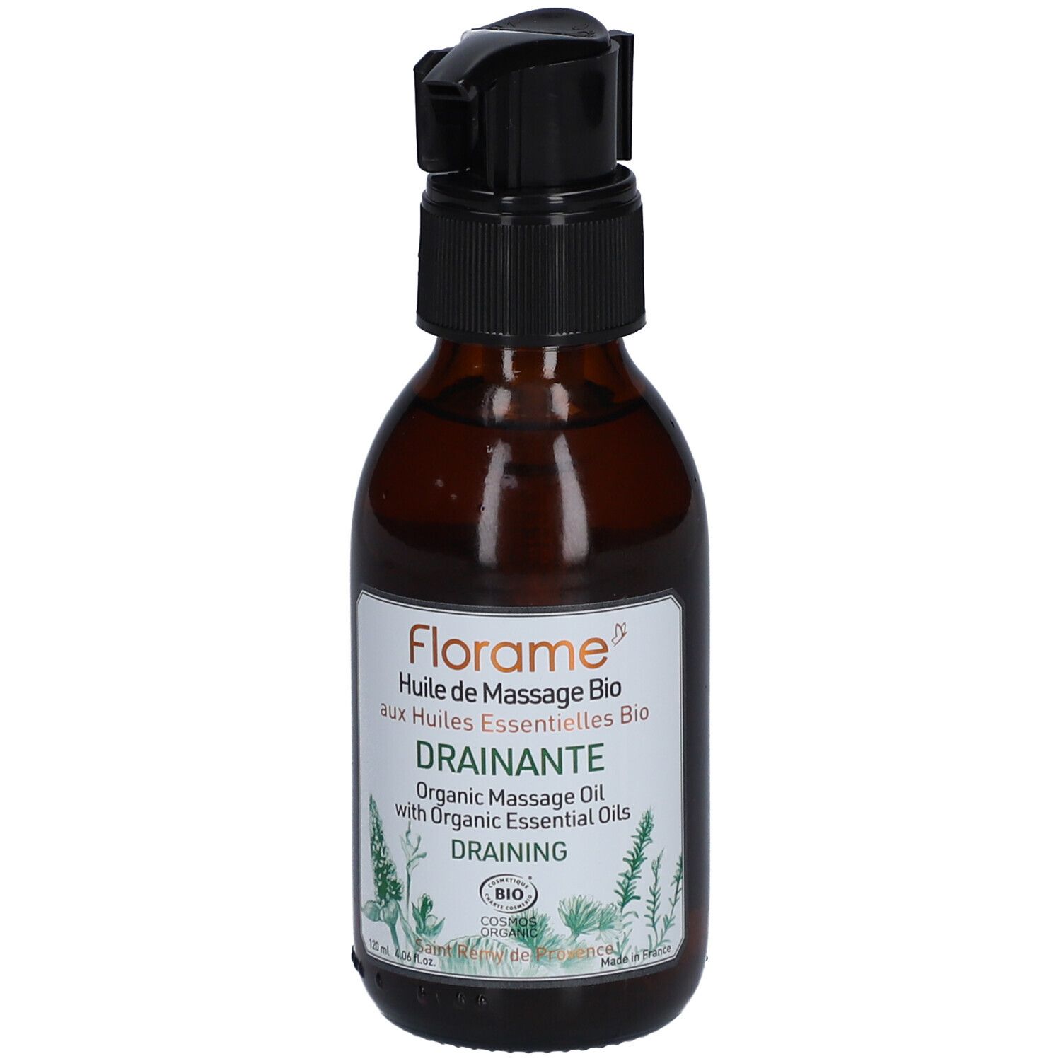 Flacon en verre brun avec pompe noire. Étiquette avec texte : "Florame", "Huile de Massage Bio", "Drainante".