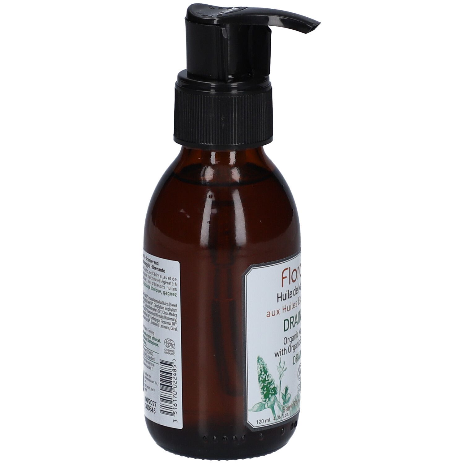 Flacon en verre brun avec pompe noire. Étiquette avec texte et informations. 125 ml.
