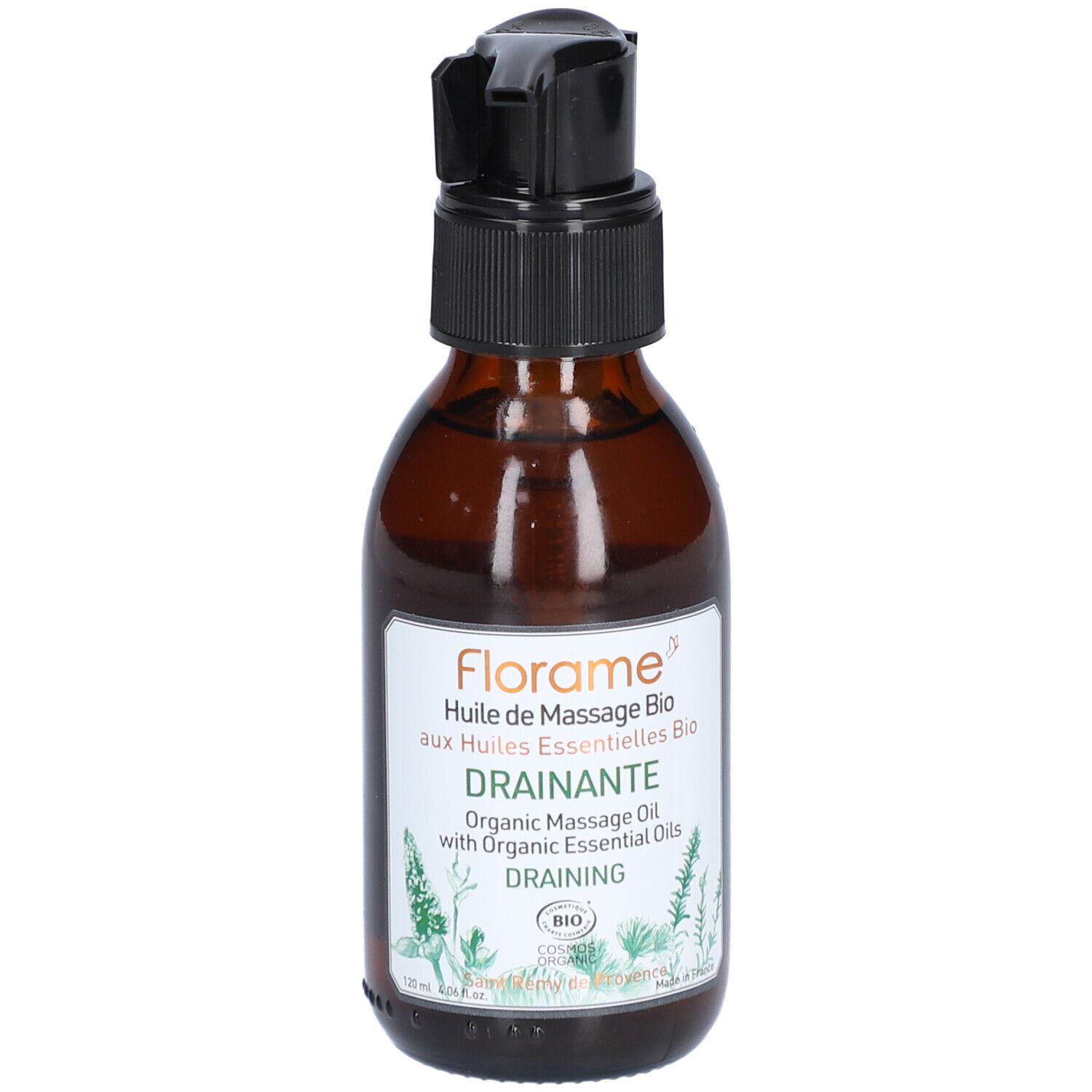 Flacon en verre brun avec pompe noire. Étiquette avec texte : "Florame", "Huile de Massage Bio", "Drainante".