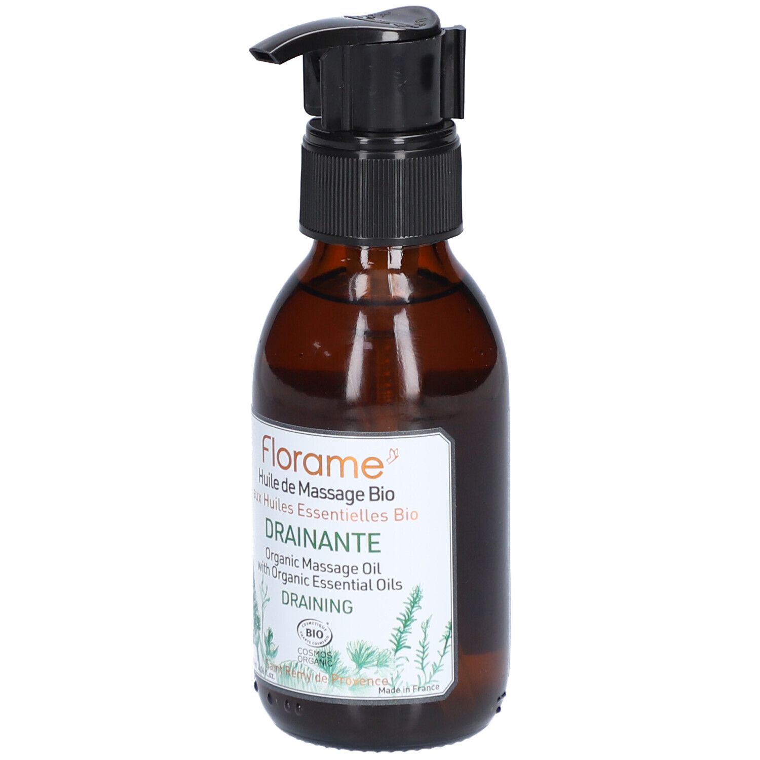 Flacon en verre brun avec pompe noire. Étiquette avec texte : "Florame", "Huile de Massage Bio", "Drainante".