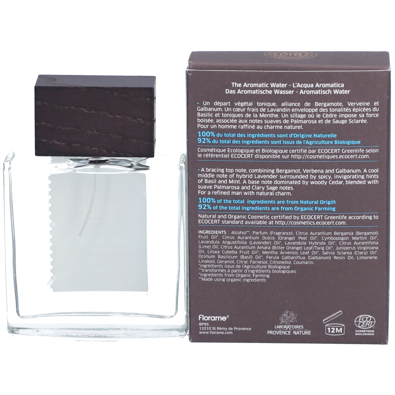 Flacon en verre avec bouchon en bois et carton. Texte : The Aromatic Water. Cosmétique Bio certifié. Symbole 12M.