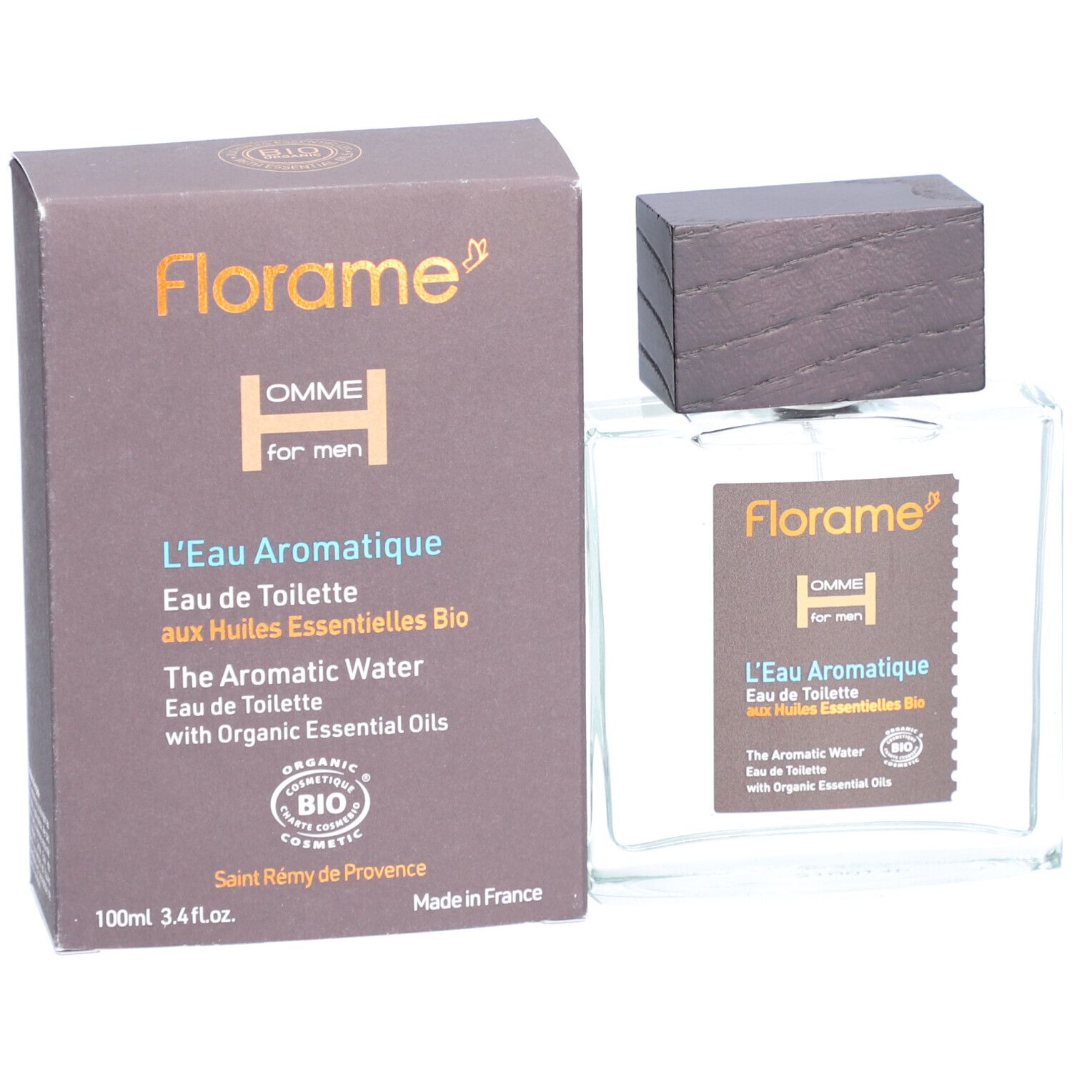 Flacon en verre et carton. Texte : Florame, Homme, L'Eau Aromatique, aux huiles essentielles bio. Certification bio.