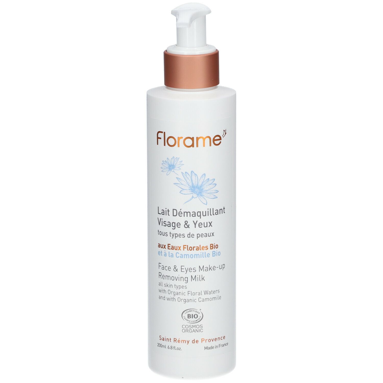 Weiße Flasche mit Pumpe. Aufschrift: Florame, Lait D

emaquillant Visage & Yeux. Bio-Zertifizierung.