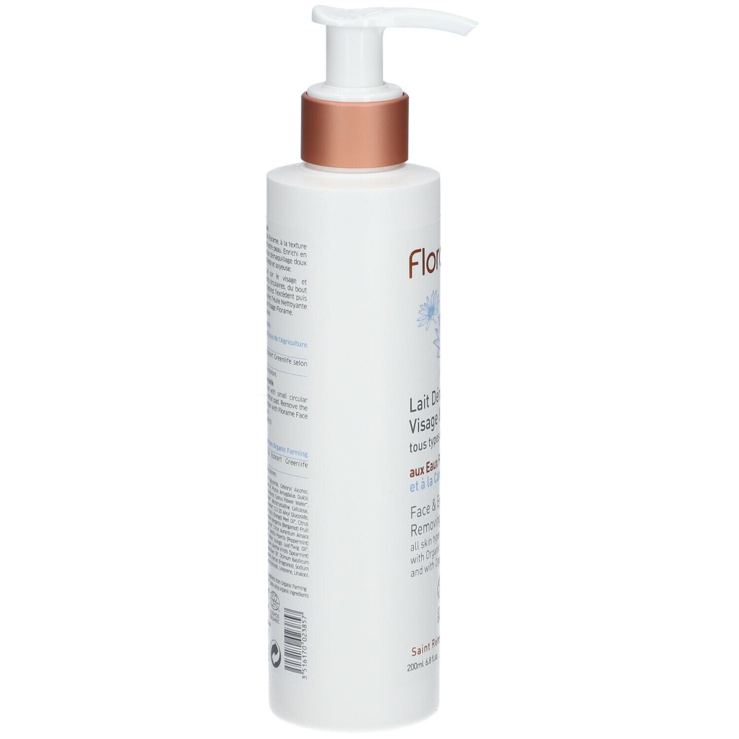 Weiße Flasche mit Pumpe. Aufschrift: Florame, Lait D

emaquillant Visage & Yeux. Text auf Französisch und Englisch.