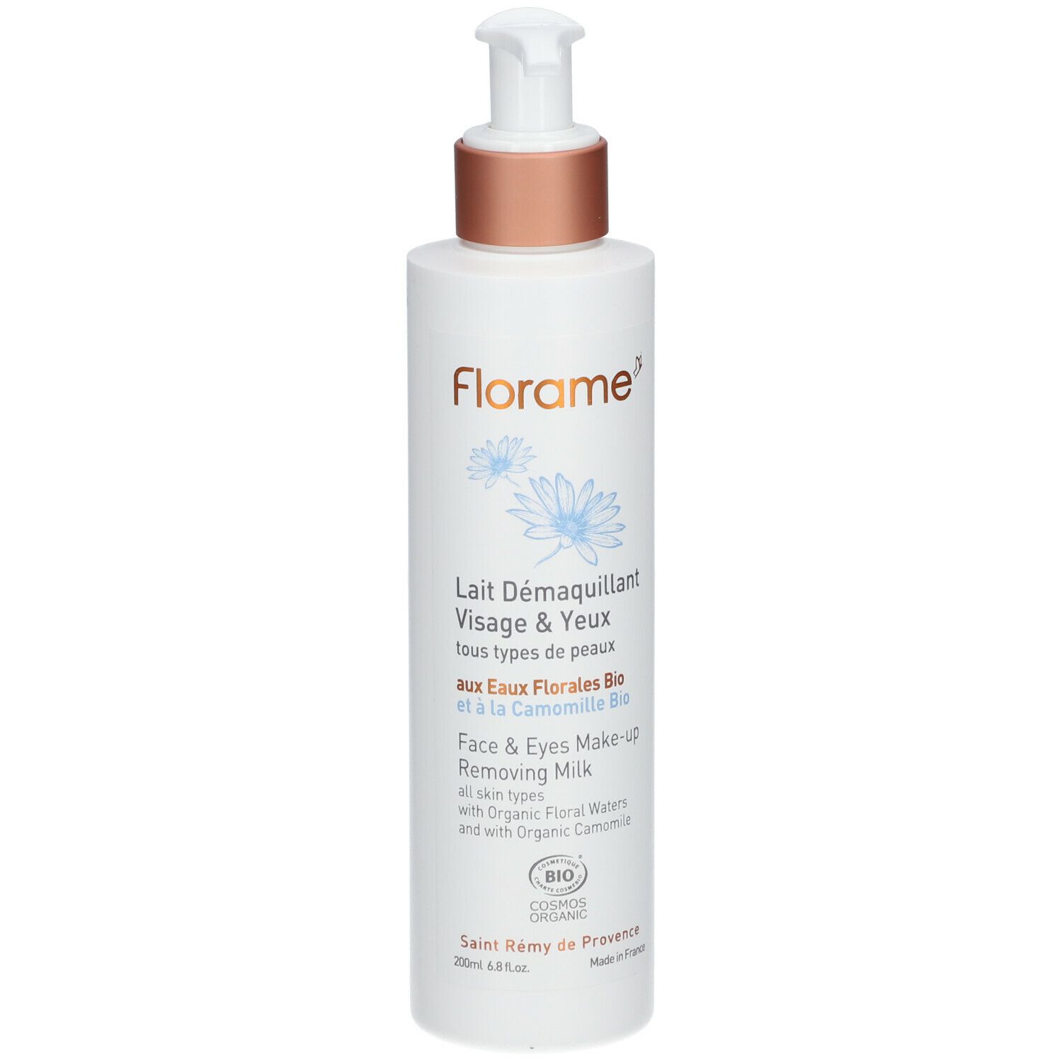 Weiße Flasche mit Pumpe. Aufschrift: Florame, Lait D

emaquillant Visage & Yeux. Bio-Zertifizierung.