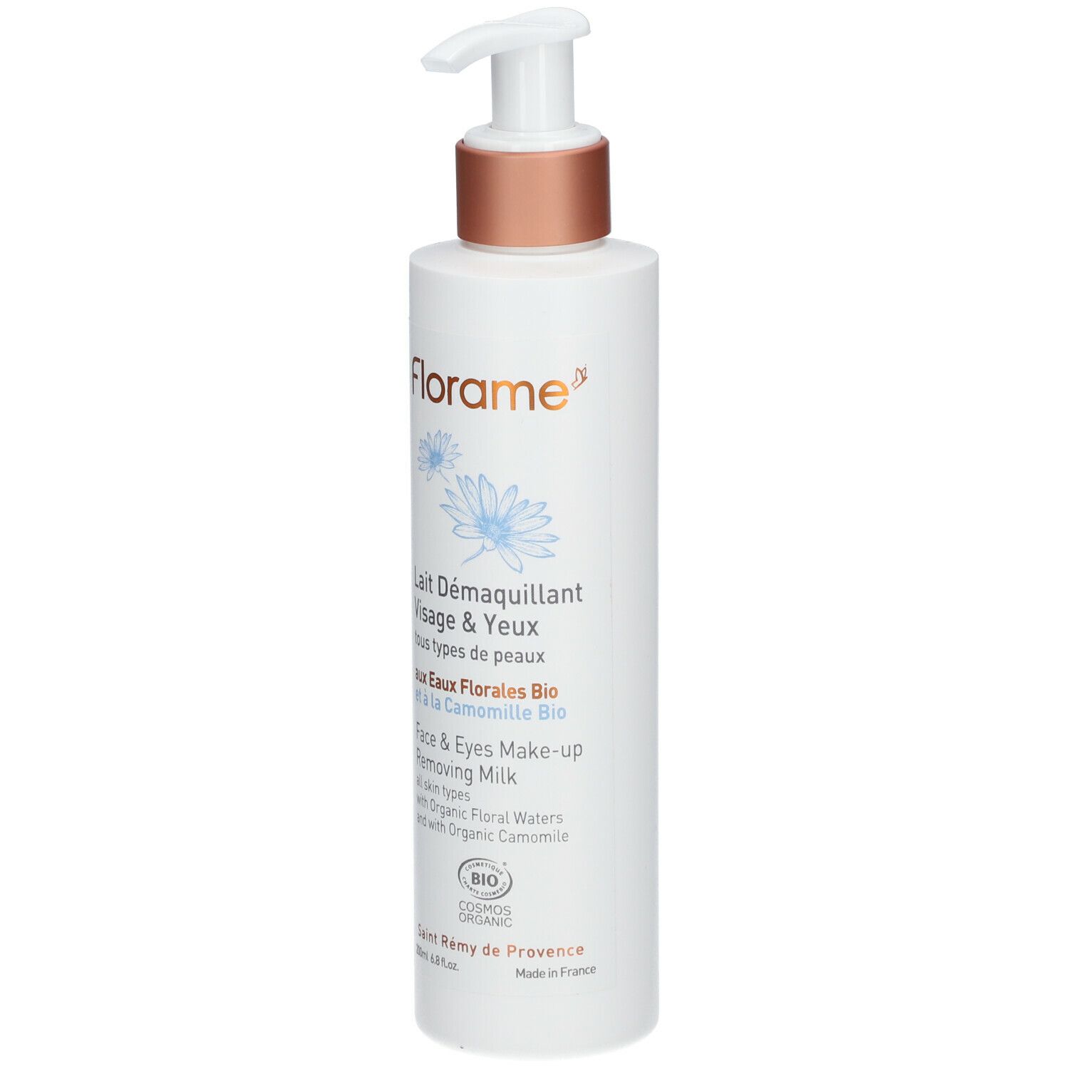 Weiße Flasche mit Pumpe. Aufschrift: Florame, Lait D

emaquillant Visage & Yeux. Bio-Zertifizierung.