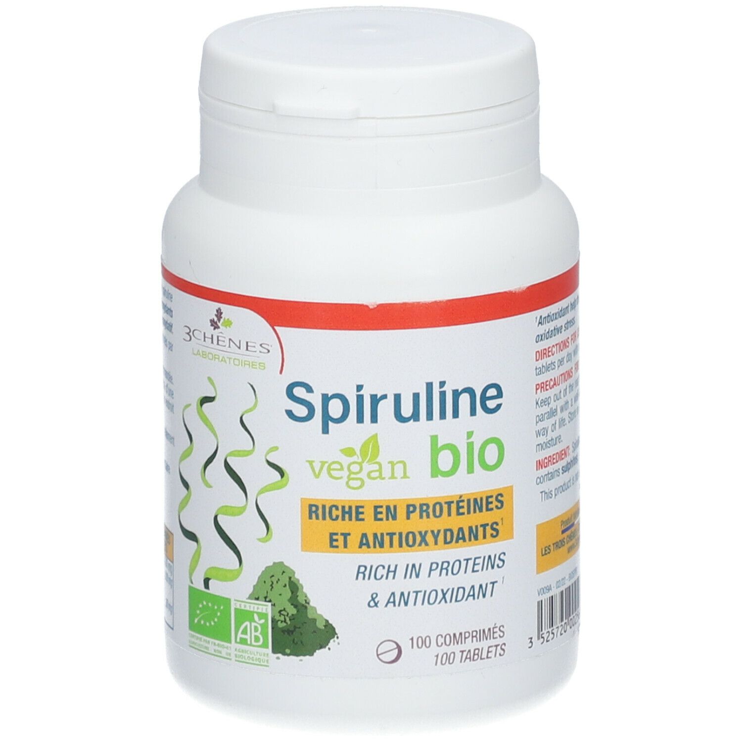 Flacon blanc de Spiruline bio vegan. Inscription: Riche en protéines et antioxydants. Contient 100 comprimés.
