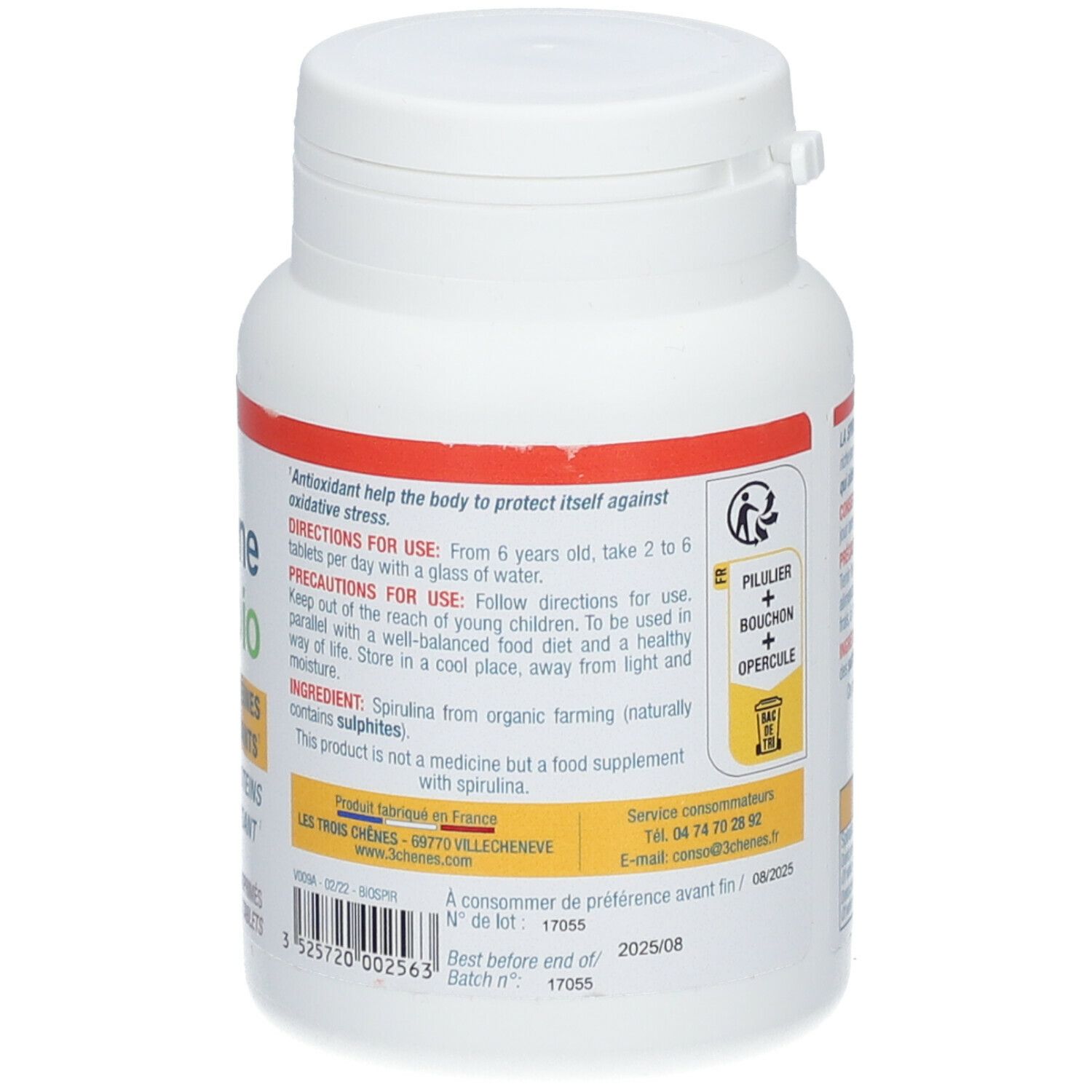 Dos du flacon blanc de Spiruline. Informations sur ingrédients, dosage et valeurs nutritionnelles. Certification bio.