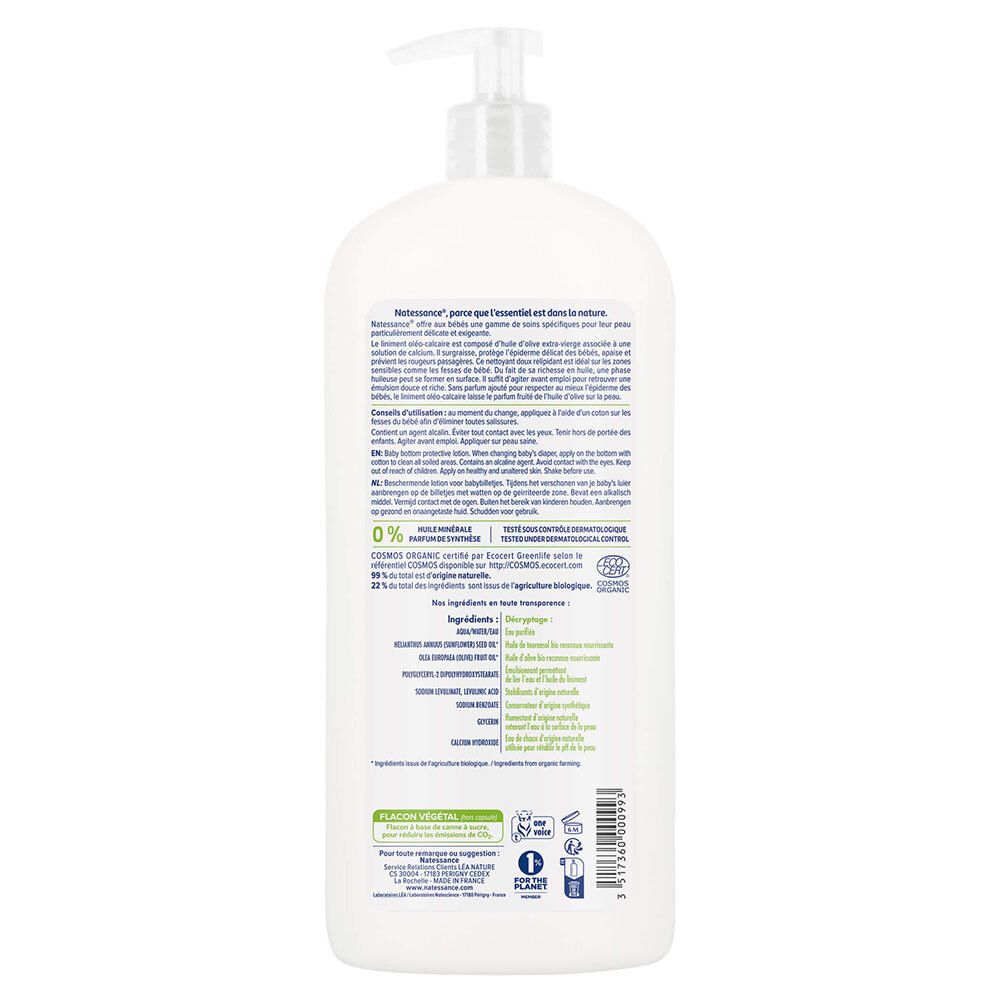 Dos du flacon blanc. Texte avec informations produit et ingrédients. Certification bio et autres logos.