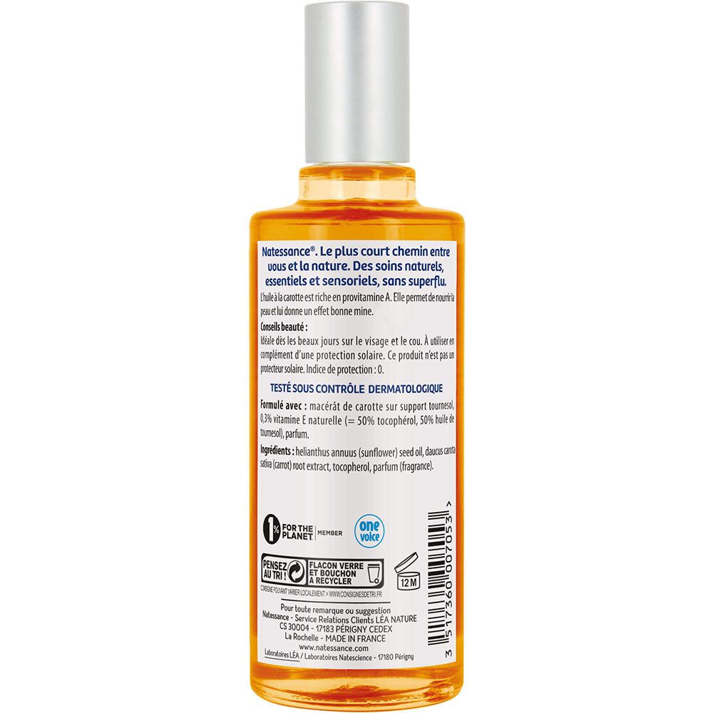 Rückseite der Natessance Carotte Öl Flasche. Text in Französisch. Enthält Informationen über Inhaltsstoffe und dermatologische Kontrolle.