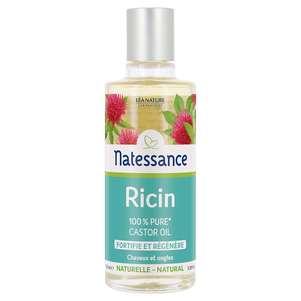 Flacon d'huile transparente avec bouchon argenté. Inscription: Natessance Ricin 100% Pure Castor Oil.