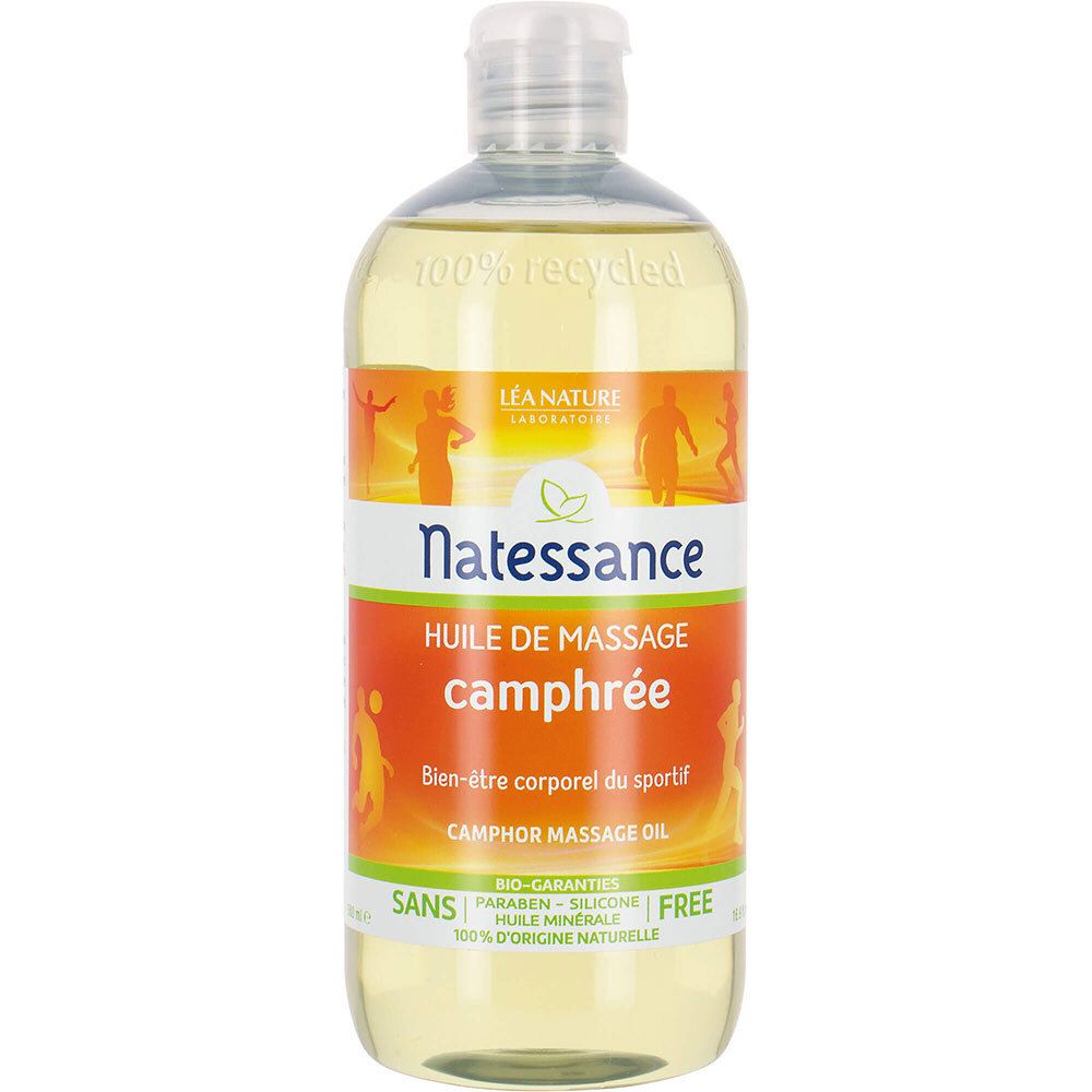 Flacon transparent, liquide jaune. Étiquette: Natessance, Huile de massage camphrée. Sans colorant, parfum de synthèse.