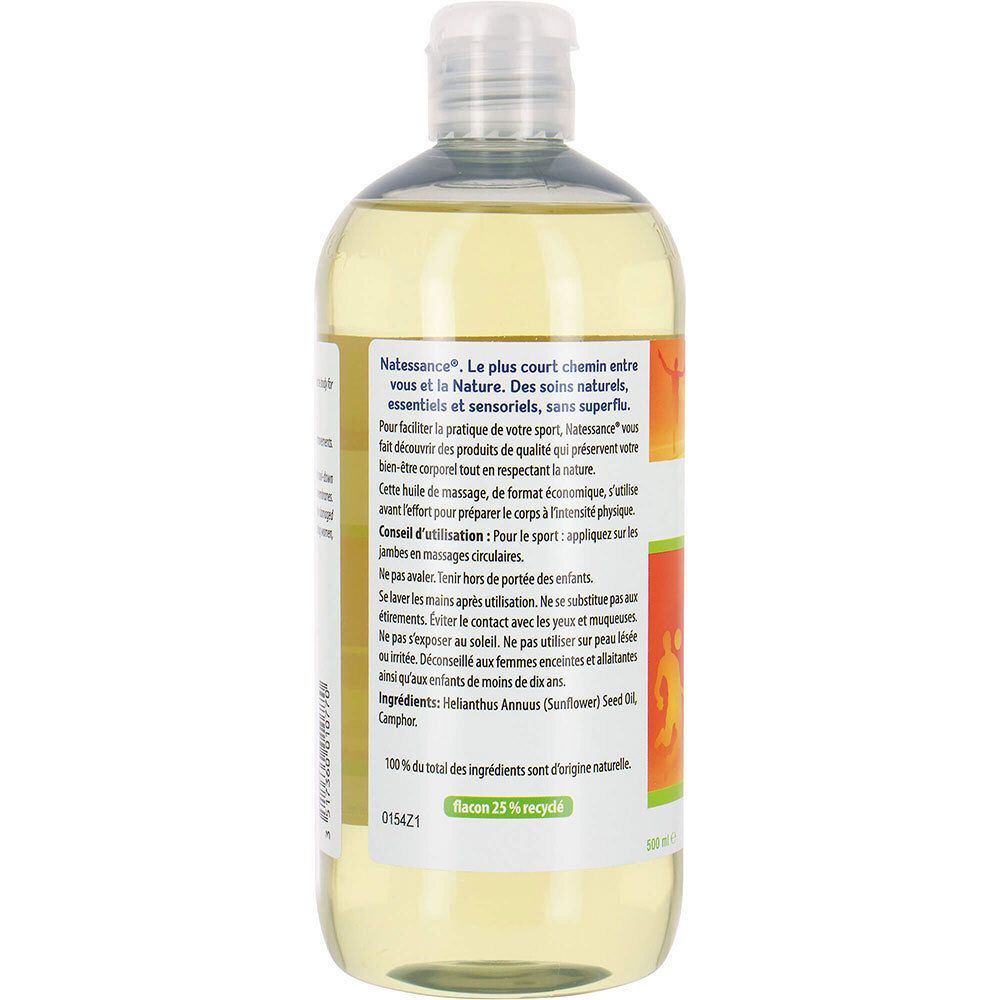 Dos du flacon. Texte: Natessance, ingrédients, 25% recyclé. Flacon avec liquide jaunâtre.